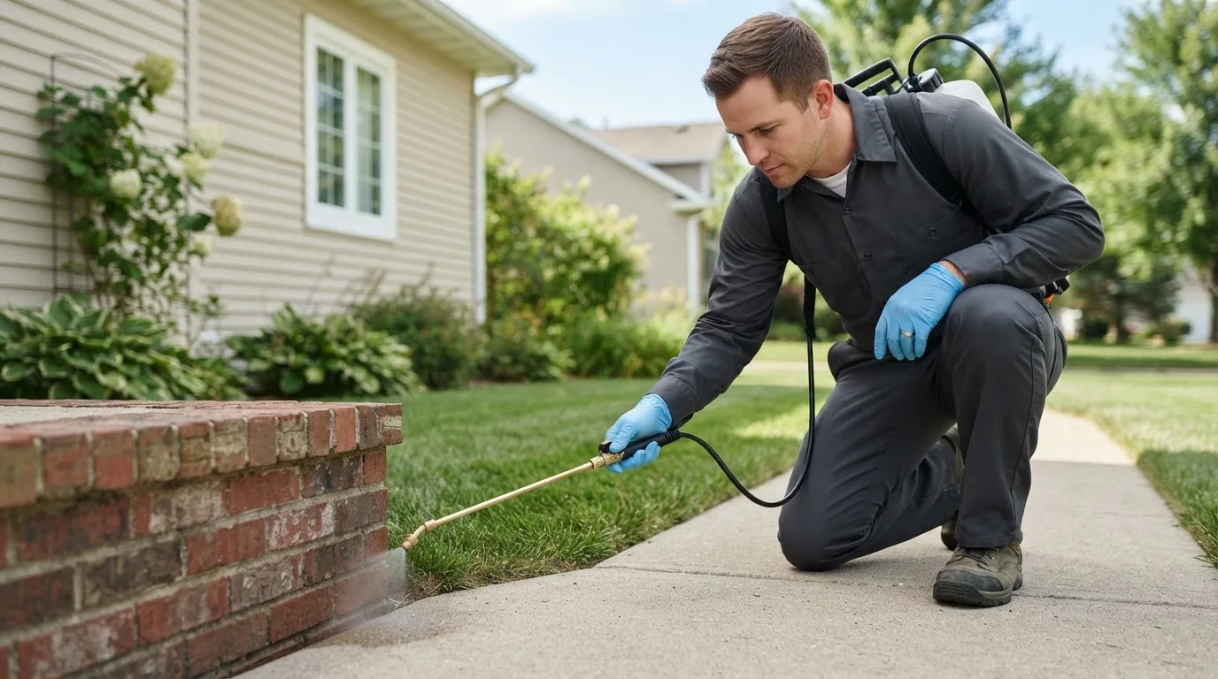 Pest control technician treating a home near Rose Creek, MN